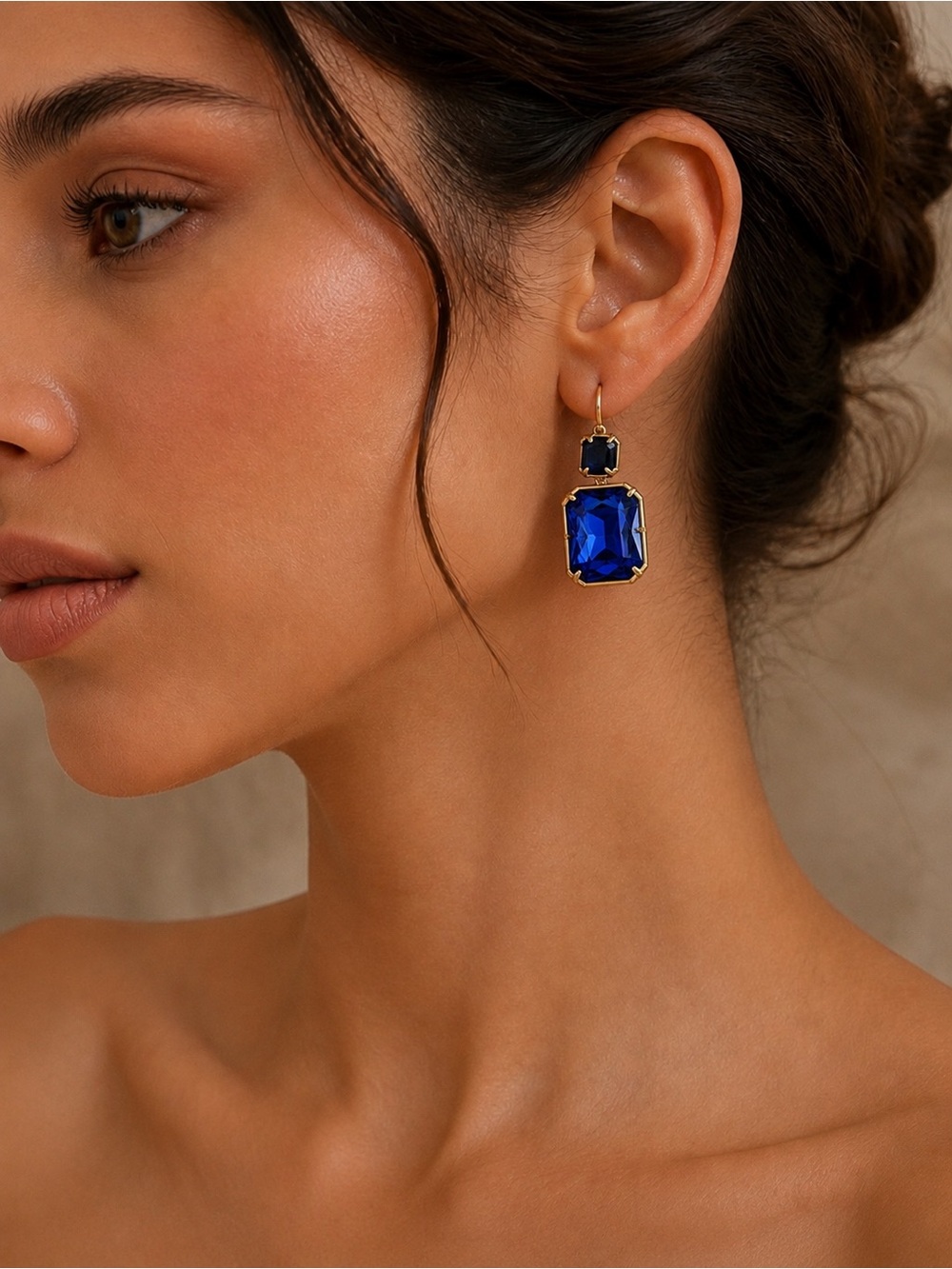 Anthropologie Gold-Tone Earrings with cobalt blue emerald cut stones NWTS